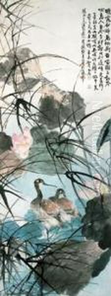 Birds In A Lotus Pond Oil Painting by Zhang Shanzi