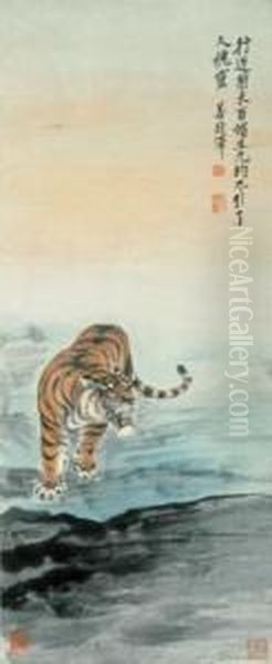 Pacing Tiger Oil Painting by Zhang Shanzi