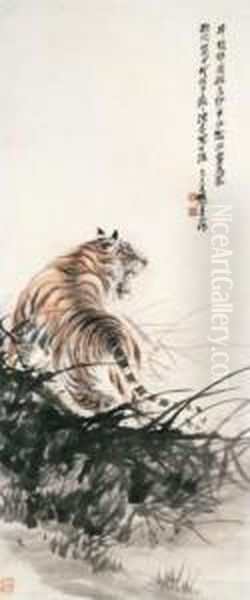 Growling Tiger Oil Painting by Zhang Shanzi