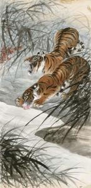 Two Tigers Oil Painting by Zhang Shanzi