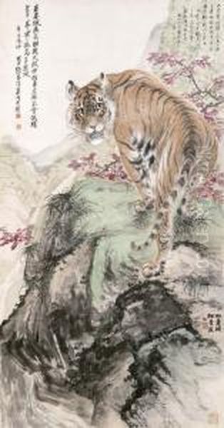 Tiger On The Rock Oil Painting by Zhang Shanzi