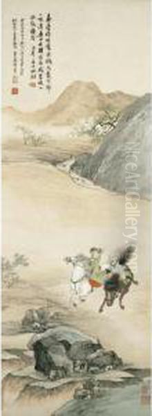 Outing On Horseback Oil Painting by Zhang Shanzi