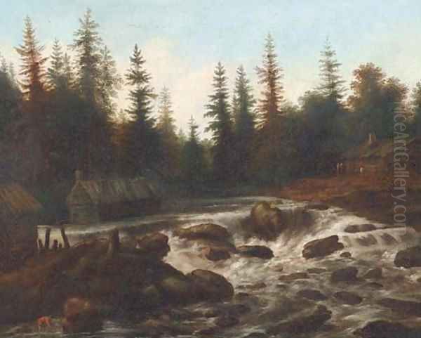 An extensive wooded river landscape with travellers by a cottage Oil Painting by Allart Van Everdingen