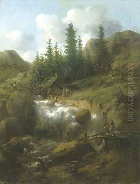 A rocky Nordic landscape with a waterfall and wooden barns, two figures on a bridge in the foreground Oil Painting by Allart Van Everdingen