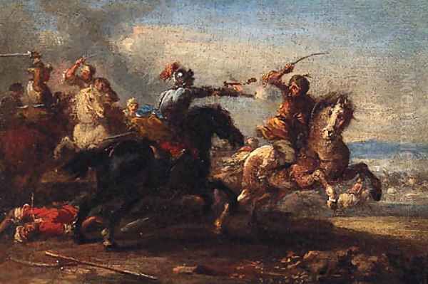 A cavalry skirmish between Christians and Turks Oil Painting by Johann-Anton Eismann