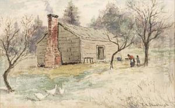 Southern Cabin Scenedepicting Two African-american Figures Outside A Country Cabin Oil Painting by Frank Henry Shapleigh