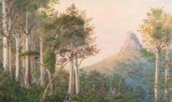 Among The Kauri, Castle Rock,1884 Oil Painting by Alfred Sharpe