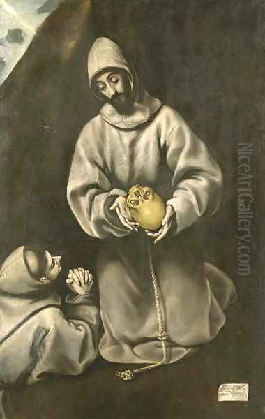 St. Francis and Brother Leo meditating on death Oil Painting by El Greco (Domenikos Theotokopoulos)