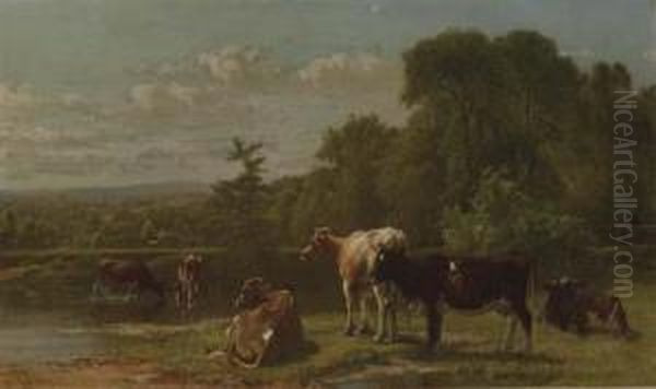 Cows At The River's Edge Oil Painting by Aaron Draper Shattuck