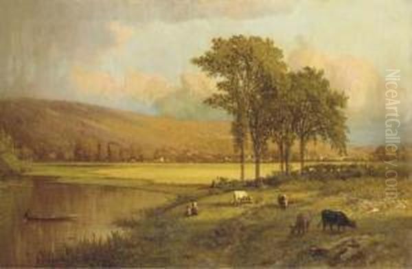 A Sunlit Meadow Oil Painting by Aaron Draper Shattuck