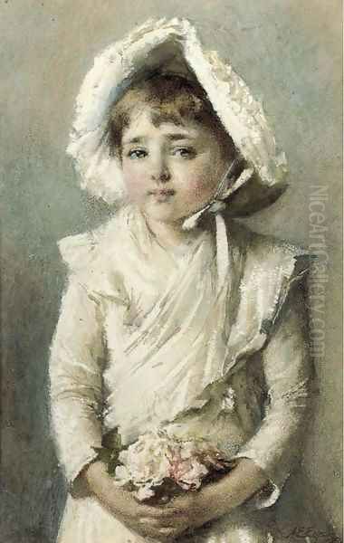 Portrait of a young girl with a bonnet holding a small bouquet Oil Painting by Alfred Edward Emslie