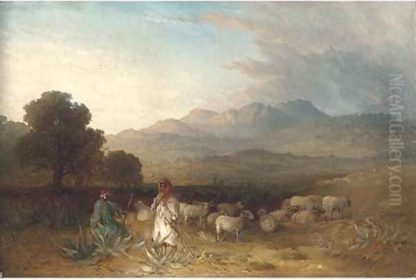 Arab figures with a flock of sheep in a landscape Oil Painting by Paul H. Ellis