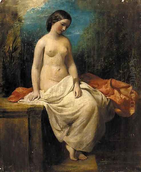 Study of a female nude, seated in a landscape Oil Painting by William Etty