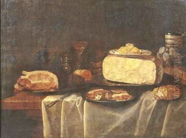 Cheese on a pewter plate and butter on a Wan-Li 'kraak' porselein dish Oil Painting by Jacob Fopsen van Es