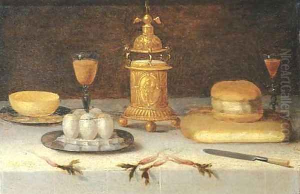 Eggs and a bowl on pewter plates with facon-de-Venise wineglasses Oil Painting by Jacob Fopsen van Es