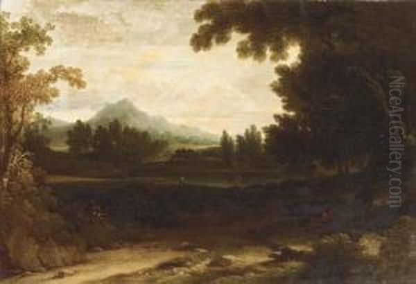 An Extensive Mountainous Landscape With A Figure Resting By Atree Oil Painting by Joshua Shaw