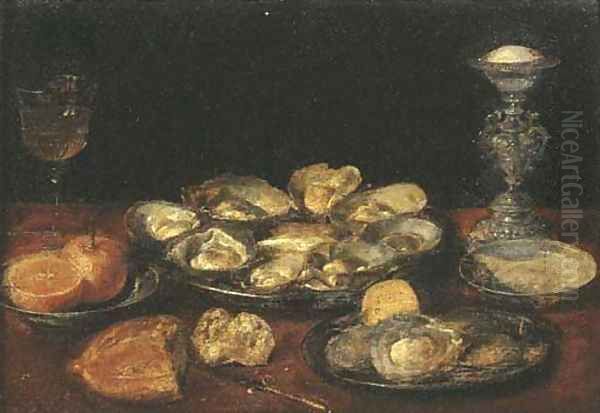 Oysters, a lemon and oranges on pewter plates with a facon-de Venise wineglass Oil Painting by Jacob Fopsen van Es