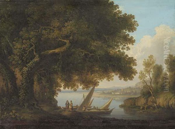 An Italianate Lake Landscape With Figures And Boats Oil Painting by Joshua Shaw