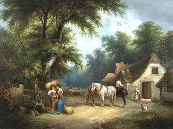 Drovers Approaching A Tavern With Figures In Conversation Oil Painting by Charles Waller Shayer