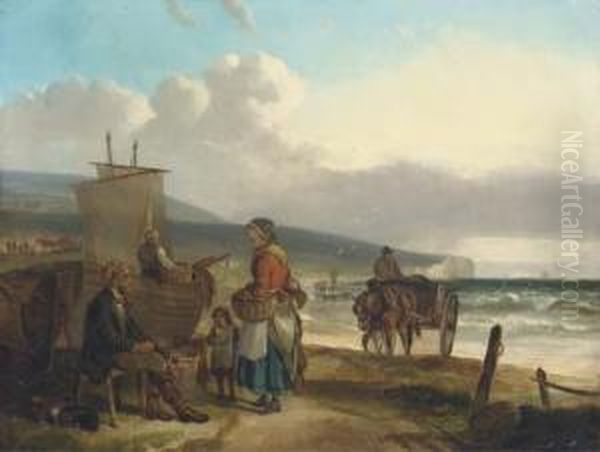 Fisherfolk On A Beach Oil Painting by Charles Waller Shayer