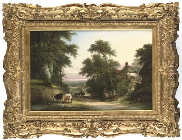 Figures And Cattle By A Wooded Lane, A Village Beyond by Henry Shayer