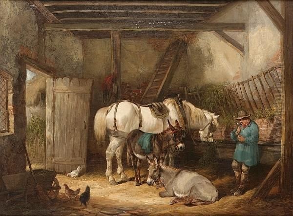 Interior Of A Stable With Farm Animals Oil Painting by Henry Shayer