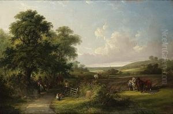 A Wooded Landscape With Horses And Figures Oil Painting by Henry Shayer