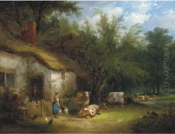 A Milkmaid And Cattle By A Cottage Gate Oil Painting by Henry Shayer