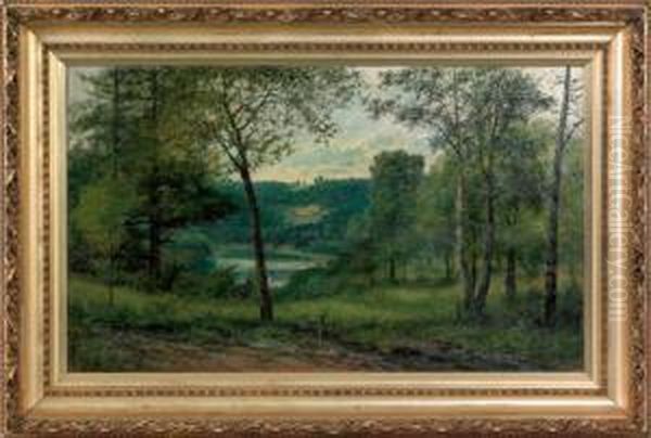 Landscape With Lake Signed Lower Left Oil Painting by Christopher H. Shearer