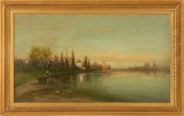 River Scene With Houses Oil Painting by Christopher H. Shearer