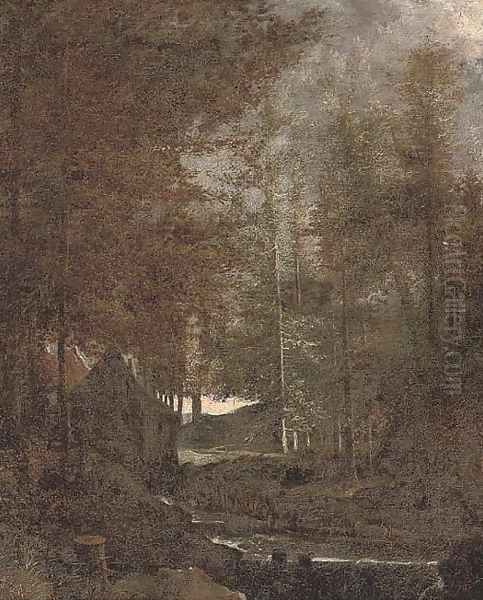 A wooded landscape with a mill by a river Oil Painting by Albert Van Everdingen