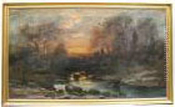 A Wooded Landscape At Sunset With A Stream In The Foreground Oil Painting by Christopher H. Shearer