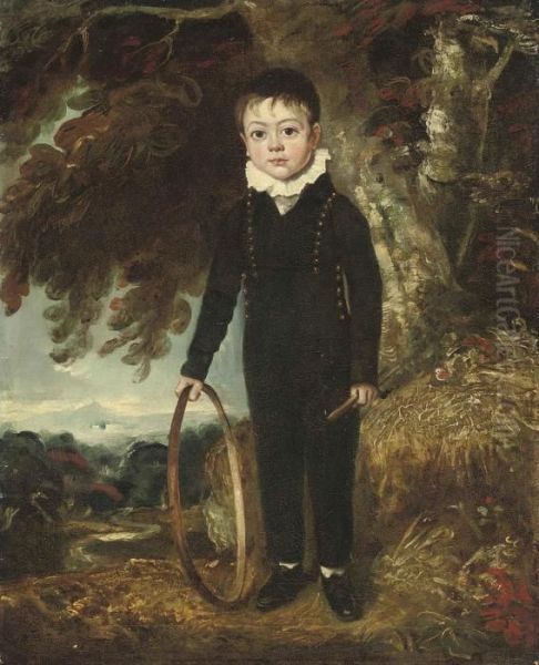 Portrait Of A Boy, Full-length, 
In A Blue Coat And Trousers, A Hoopin His Right Hand, Standing In A 
Landscape Oil Painting by Martin Archer Shee