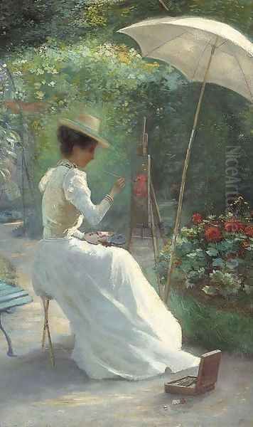 A young lady painting in the garden Oil Painting by Charles Endres