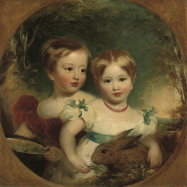 Double Portrait Of The Artist's 
Daughters, Half-length, One In A Red Dress Holding A Basket Of Flowers, 
The Other In A White Dress With Blue Ribbons And Sash, Holding A Rabbit,
 In A Landscape Oil Painting by Martin Archer Shee