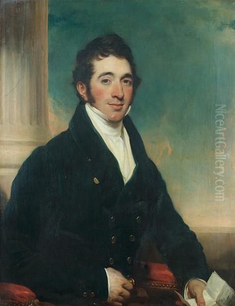 Portrait Of John Fairlie, Seated
 Half-length, In A Dark Blue Coat And Holding A Letter, Before A Column Oil Painting by Martin Archer Shee