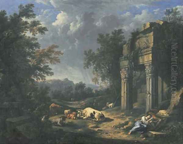 A wooded landscape with travellers resting amongst classical ruins Oil Painting by Johann Franz Ermels