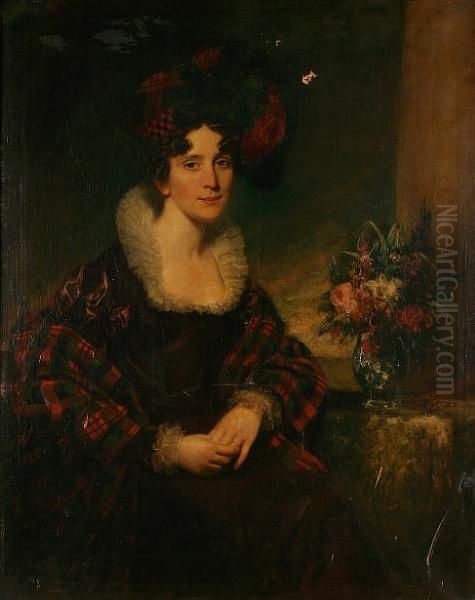 Portrait Of A Lady, Seated, Wearing Tartan Shawl And Feathered Hat Oil Painting by Martin Archer Shee