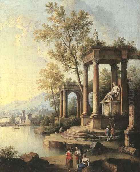 A coastal landscape with figures by classical ruins, a port beyond Oil Painting by Johann Franz Ermels