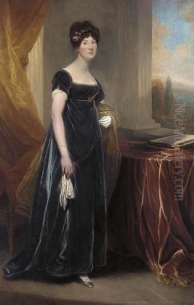 Portrait Of Lady Burdett, Standing Full Length In A Portico, Alandscape Beyond Oil Painting by Martin Archer Shee