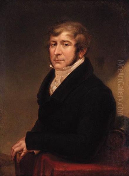 Portrait Of Dr Patrick Lynch, 
Seated Half-length, In A Black Jacketand White Shirt, Resting His Hand 
On A Book Oil Painting by Martin Archer Shee