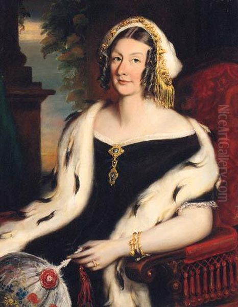 Portrait Of A Lady, Seated 
Three-quarter-length, In A Black Dresswith Ermine Shawl, Holding A Fan, A
 Column Beyond Oil Painting by Martin Archer Shee