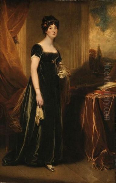 Portrait Of Lady Burdett, Standing Full Length In A Portico, A Landscape Beyond Oil Painting by Martin Archer Shee