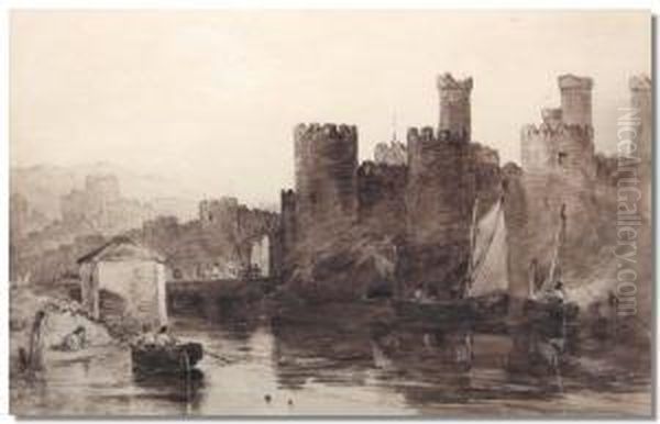 Figures Rowing On A River With Arched Bridge And Castle Beyond Oil Painting by George Sheffield