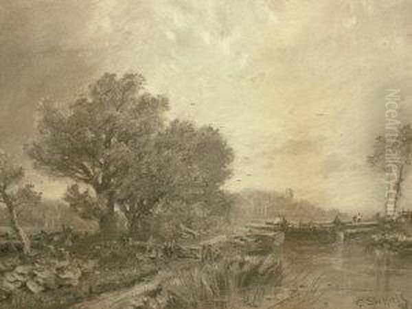 Figures Crossing A Canal With Woodland; Charcoal Oil Painting by George Sheffield