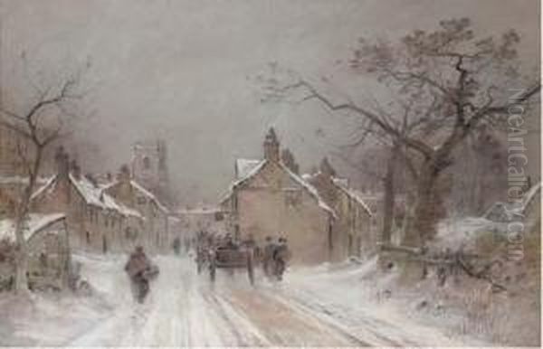 Wintertime, The Entrance To A Village Oil Painting by George Sheffield