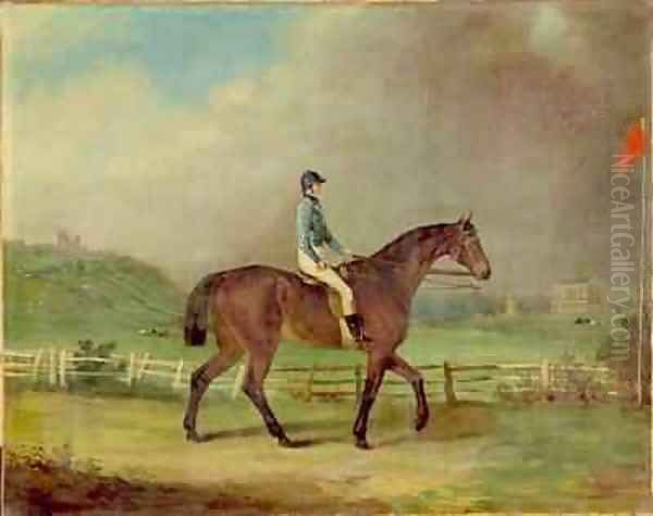 Mr Hindleys Rosina with the owner up on Lincoln racecourse with Cathedral beyond Oil Painting by P. Ewbank