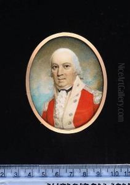 A Field Officer, Wearing Scarlet
 Coatee With White Facings, Silver Buttons Matching Epaulettes, White 
Waistcoat Frilled Chemise And Black Solitaire, His Hair Powdered And 
Worn En Queue. Oil Painting by Samuel Shelley