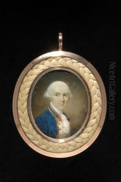 A Miniature Portrait Of A Naval Officer In Royal Blue Uniform Oil Painting by Samuel Shelley