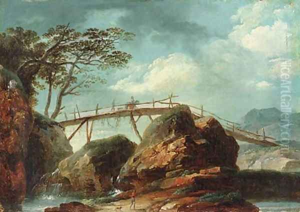 A river landscape with figures on a bridge Oil Painting by Allaert van Everdingen